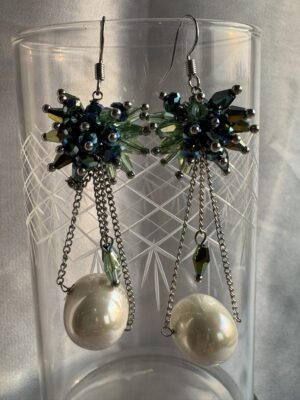 Beautiful pearl drop with blue-green beaded cluster settings at top in silver-tone chain earrings