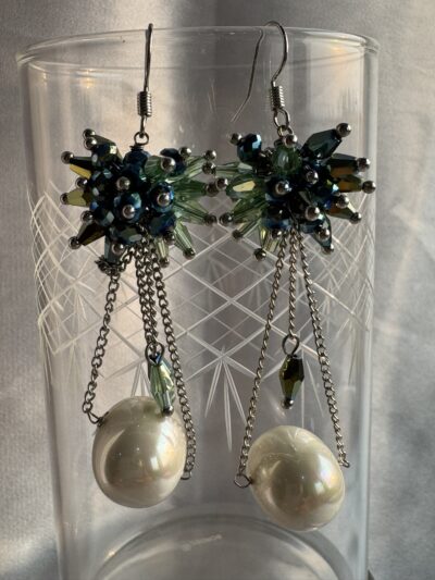 IMG_2598 Beautiful pearl drop with blue-green beaded cluster settings at top in silver-tone chain earrings