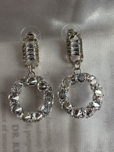 Sparkling circle silver toned stone studded drop earrings