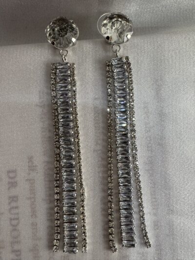 Stone studded glamorous long drop dazzling silver toned earrings