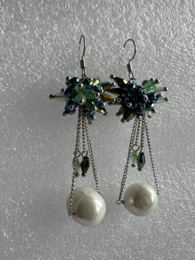 IMG_2779 Beautiful pearl drop with blue-green beaded cluster settings at top in silver-tone chain earrings