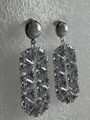 Dangling geometric crystal studded silver toned earrings