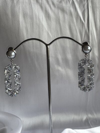 IMG_2935 Dangling geometric crystal studded silver toned earrings