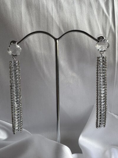 Stone studded glamorous long drop dazzling silver toned earrings