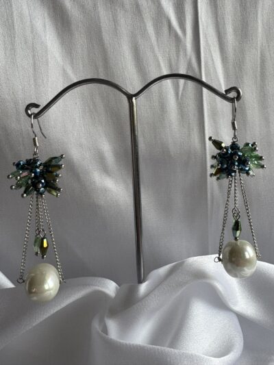 IMG_2965 Beautiful pearl drop with blue-green beaded cluster settings at top in silver-tone chain earrings