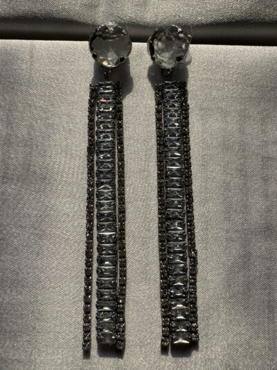 Stone studded glamorous long drop dazzling silver toned earrings