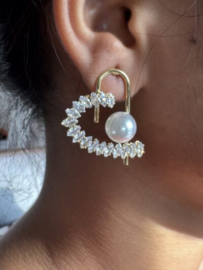 IMG_3150 Silver toned crystals and pearl studded heart shape earrings