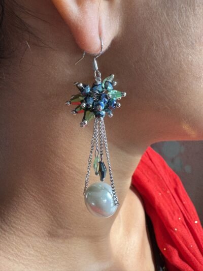 IMG_3166 Beautiful pearl drop with blue-green beaded cluster settings at top in silver-tone chain earrings