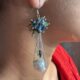 Beautiful pearl drop with blue-green beaded cluster settings at top in silver-tone chain earrings