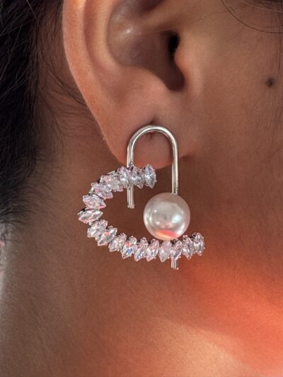 IMG_3189 Silver toned crystals and pearl studded heart shape earrings