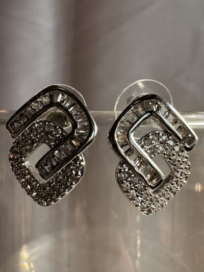 Crystal embellished geometric modern design silver tone stud earrings