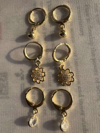 IMG_2527 Crystal Studded Gold Plated Flower Hoop Earrings Set, 3 Pairs, Dangle Drop Design with Ball and Oval Charms