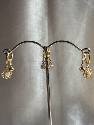 IMG_2529 Crystal Studded Gold Plated Flower Hoop Earrings Set, 3 Pairs, Dangle Drop Design with Ball and Oval Charms
