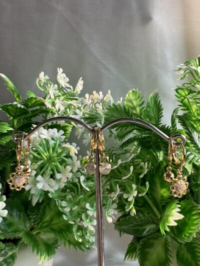 IMG_2531 Crystal Studded Gold Plated Flower Hoop Earrings Set, 3 Pairs, Dangle Drop Design with Ball and Oval Charms