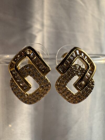Crystal-encrusted geometric statement earrings, gold-plated, modern design