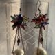Pearl Drop Dangle Earrings, Multi-Coloured Crystal Flower Design at top with Silver-tone Chain