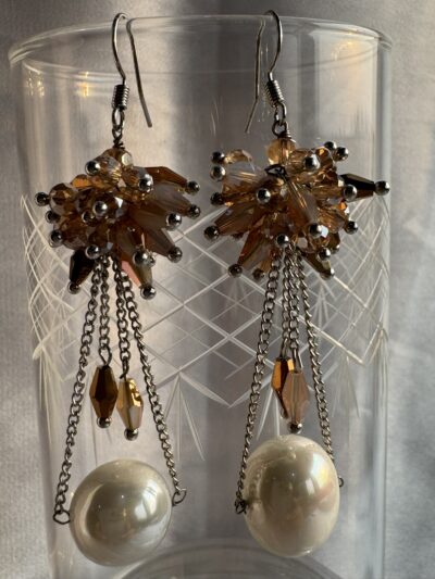 Pearl Drop Dangle Earrings with Beige Contrast Crystal Cluster at top in Silver-Tone Chain
