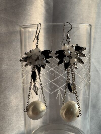 IMG_2594 Elegant Pearl Drop Dangle Earrings, Silver-Tone Beaded Cluster, White and Black Crystal Accents
