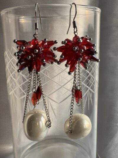 Pearl chain drop with red flower long beads cluster at top in silver tone chain earrings