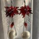 Pearl chain drop with red flower long beads cluster at top in silver tone chain earrings