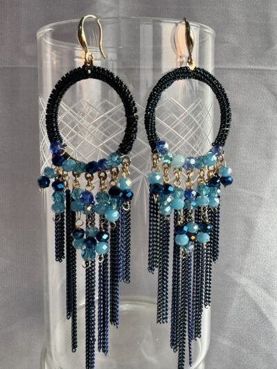Handcrafted ocean blue golden dangler hoops