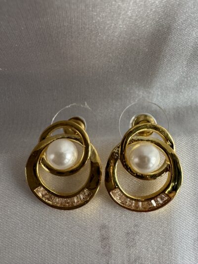 IMG_2691 Elegant pearl centre studded and crystals on curve gold toned vintage earrings