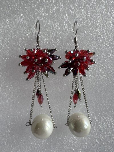 Pearl chain drop with red flower long beads cluster at top in silver tone chain earrings
