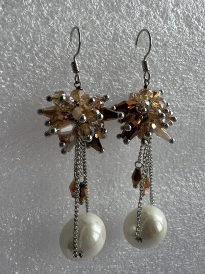 Pearl Drop Dangle Earrings with Beige Contrast Crystal Cluster at top in Silver-Tone Chain