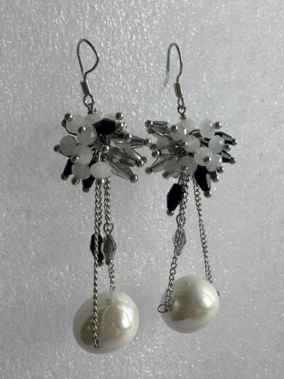 IMG_2796 Elegant Pearl Drop Dangle Earrings, Silver-Tone Beaded Cluster, White and Black Crystal Accents