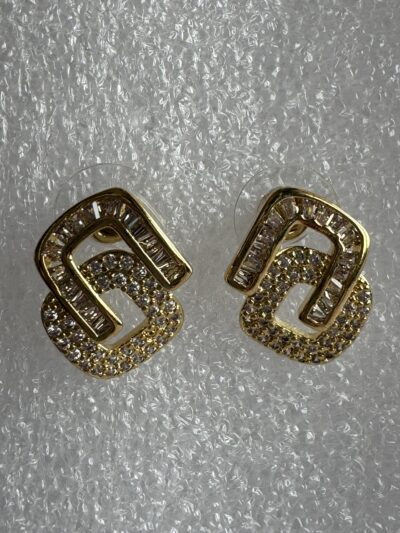 Crystal-encrusted geometric statement earrings, gold-plated, modern design