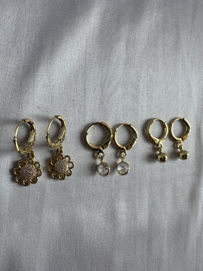 IMG_2914 Crystal Studded Gold Plated Flower Hoop Earrings Set, 3 Pairs, Dangle Drop Design with Ball and Oval Charms