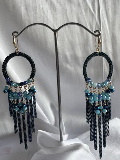 Handcrafted ocean blue golden dangler hoops
