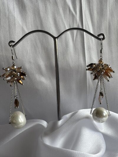 Pearl Drop Dangle Earrings with Beige Contrast Crystal Cluster at top in Silver-Tone Chain