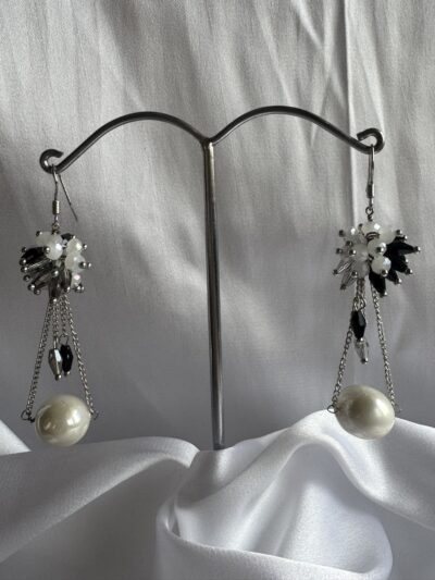 IMG_2972 Elegant Pearl Drop Dangle Earrings, Silver-Tone Beaded Cluster, White and Black Crystal Accents