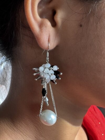 IMG_3147 Elegant Pearl Drop Dangle Earrings, Silver-Tone Beaded Cluster, White and Black Crystal Accents