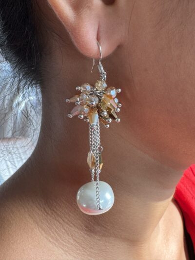 Pearl Drop Dangle Earrings with Beige Contrast Crystal Cluster at top in Silver-Tone Chain