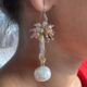 Pearl Drop Dangle Earrings with Beige Contrast Crystal Cluster at top in Silver-Tone Chain