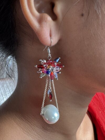 Pearl Drop Dangle Earrings, Multi-Coloured Crystal Flower Design at top with Silver-tone Chain