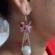 Pearl Drop Dangle Earrings, Multi-Coloured Crystal Flower Design at top with Silver-tone Chain