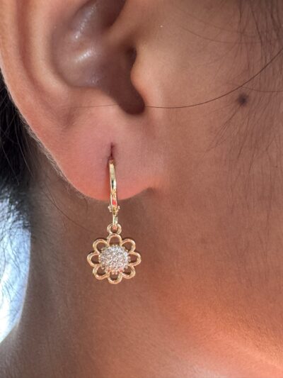 IMG_3207 Crystal Studded Gold Plated Flower Hoop Earrings Set, 3 Pairs, Dangle Drop Design with Ball and Oval Charms