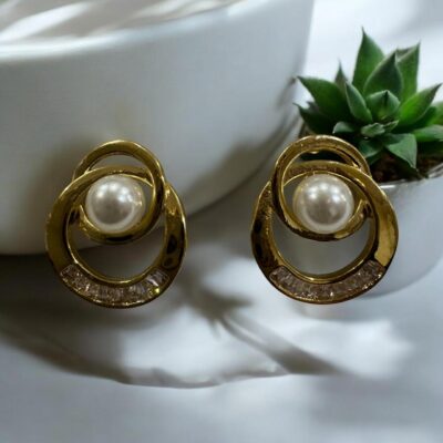 Image 2 (3) Elegant pearl centre studded and crystals on curve gold toned vintage earrings