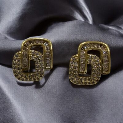Crystal-encrusted geometric statement earrings, gold-plated, modern design