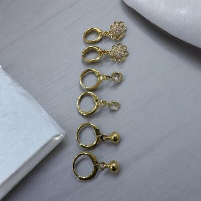 Image 3 (4) Crystal Studded Gold Plated Flower Hoop Earrings Set, 3 Pairs, Dangle Drop Design with Ball and Oval Charms