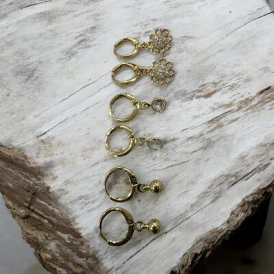 Image 4 (6) Crystal Studded Gold Plated Flower Hoop Earrings Set, 3 Pairs, Dangle Drop Design with Ball and Oval Charms